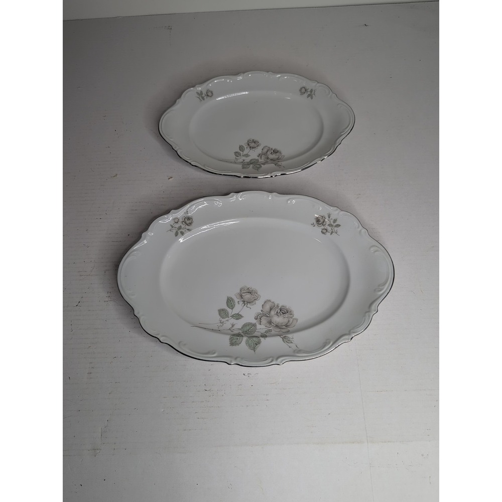 German 50s Mitterteich MYSTIC ROSE Platinum Trim Serving Platters (2) 12" / 15"